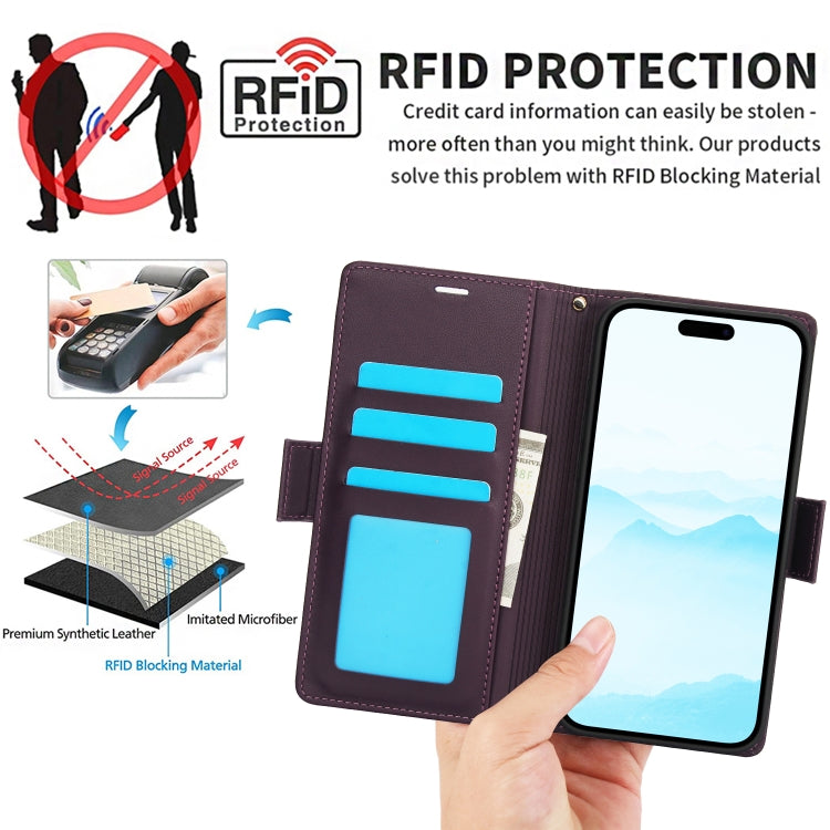 For iPhone 16 Plus Side Buckle RFID Anti-theft Leather Phone Case(Dark Purple) - iPhone 16 Plus Cases by buy2fix | Online Shopping UK | buy2fix