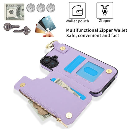 For iPhone 16 RFlD Anti-theft Double Buckle Ring Zipper Card Phone Case(Purple) - iPhone 16 Cases by buy2fix | Online Shopping UK | buy2fix