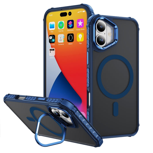 For iPhone 16 Plus Rainbow Series Skin Feel MagSafe Lens Holder Phone Case(Blue) - iPhone 16 Plus Cases by buy2fix | Online Shopping UK | buy2fix