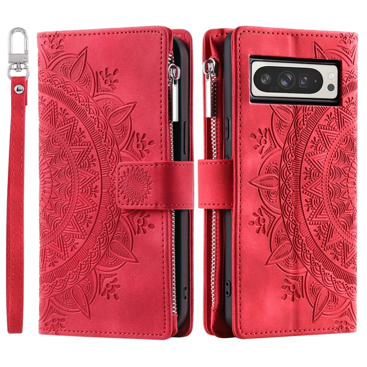 For Google Pixel 9 Pro XL Multi-Card Totem Zipper Leather Phone Case(Red) - Google Cases by buy2fix | Online Shopping UK | buy2fix