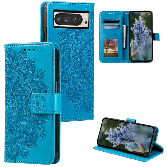 For Google Pixel 9 Pro XL Totem Flower Embossed Leather Phone Case with Lanyard(Blue) - Google Cases by buy2fix | Online Shopping UK | buy2fix