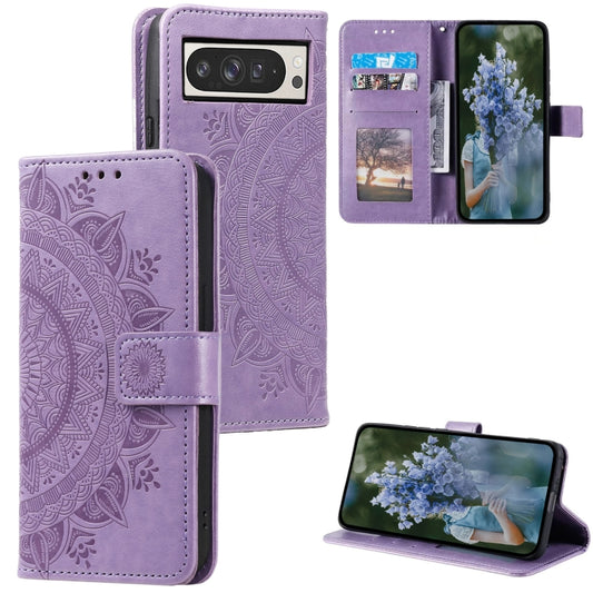 For Google Pixel 9 Pro XL Totem Flower Embossed Leather Phone Case with Lanyard(Purple) - Google Cases by buy2fix | Online Shopping UK | buy2fix