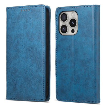 For iPhone 16 Pro Business Solid Color Magnetic RFID Leather Phone Case(Blue) - iPhone 16 Pro Cases by buy2fix | Online Shopping UK | buy2fix