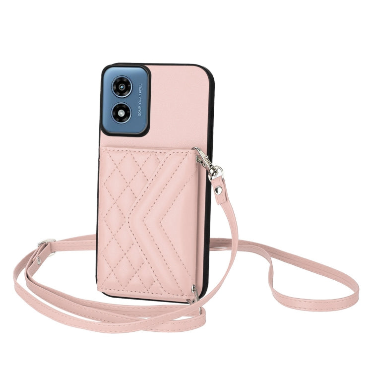 For Motorola Moto G Play 2024 5G Rhombic Texture Card Bag RFID Phone Case with Long Lanyard(Rose Gold) - Motorola Cases by buy2fix | Online Shopping UK | buy2fix