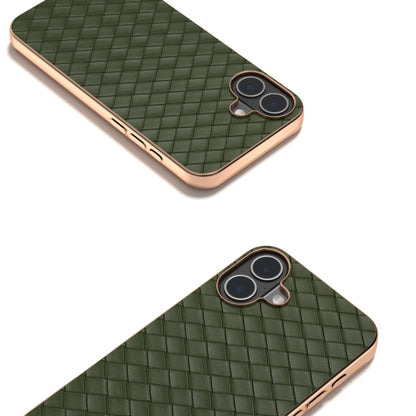 For iPhone 16 Plus Electroplated Frame Woven Texture PU Phone Case(Green) - iPhone 16 Plus Cases by buy2fix | Online Shopping UK | buy2fix