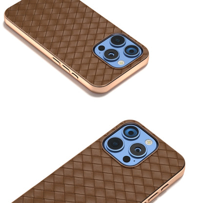 For iPhone 16 Pro Electroplated Frame Woven Texture PU Phone Case(Brown) - iPhone 16 Pro Cases by buy2fix | Online Shopping UK | buy2fix