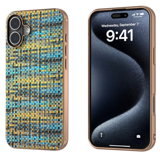 For iPhone 16 Plus Electroplated Frame Color Lattice Texture PU Phone Case(Gold) - iPhone 16 Plus Cases by buy2fix | Online Shopping UK | buy2fix