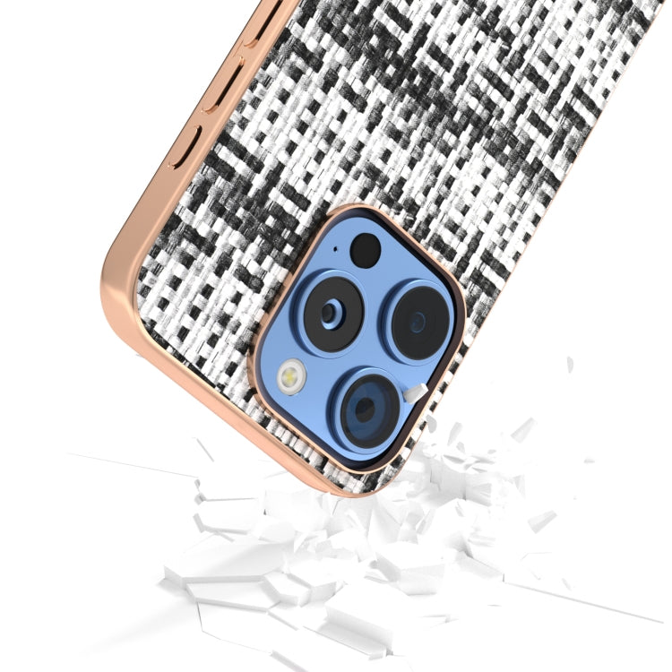 For iPhone 16 Pro Electroplated Frame Color Lattice Texture PU Phone Case(Black) - iPhone 16 Pro Cases by buy2fix | Online Shopping UK | buy2fix