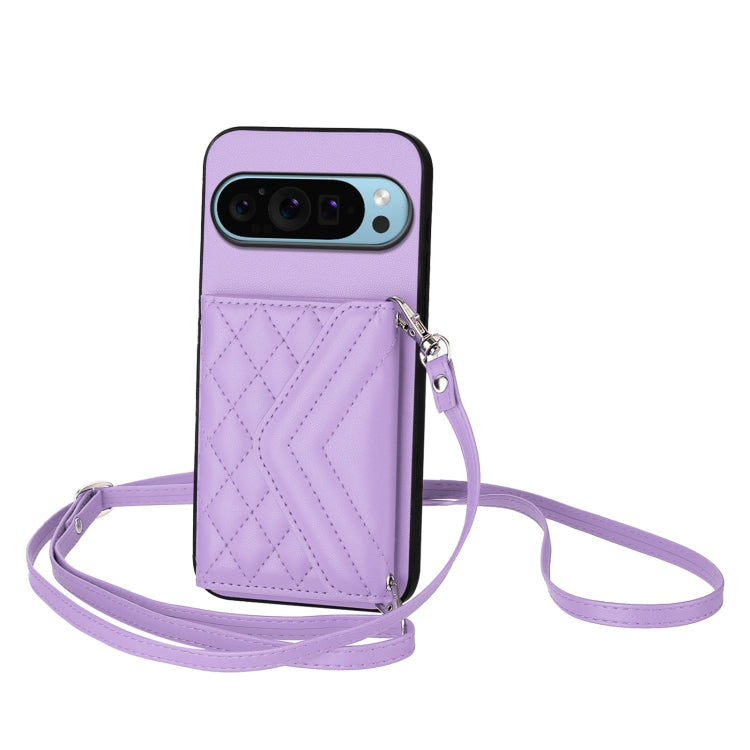 For Google Pixel 9 Pro XL Rhombic Texture Card Bag RFID Phone Case with Long Lanyard(Light Purple) - Google Cases by buy2fix | Online Shopping UK | buy2fix