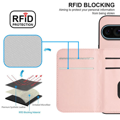 For Google Pixel 9 / 9 Pro Rhombic Texture Card Bag RFID Phone Case with Long Lanyard(Rose Gold) - Google Cases by buy2fix | Online Shopping UK | buy2fix