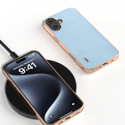 For iPhone 16 Plus ABEEL Genuine Leather Mino Series Nano Plating Phone Case(Blue) - iPhone 16 Plus Cases by buy2fix | Online Shopping UK | buy2fix