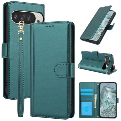 For Google Pixel 9 / 9 Pro Skin Feel Pure Color Card Slots Leather Phone Case with Dual Lanyard(Green) - Google Cases by buy2fix | Online Shopping UK | buy2fix