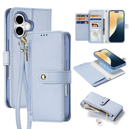 For iPhone 16 DUX DUCIS Lawa Series Zipper Wallet Phone Case with Lanyard(Light Blue) - iPhone 16 Cases by DUX DUCIS | Online Shopping UK | buy2fix