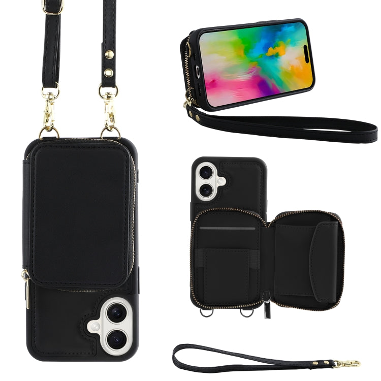 For iPhone 16 Crossbody Zipper Wallet Bag Leather Phone Case with Lanyard(Black) - iPhone 16 Cases by buy2fix | Online Shopping UK | buy2fix