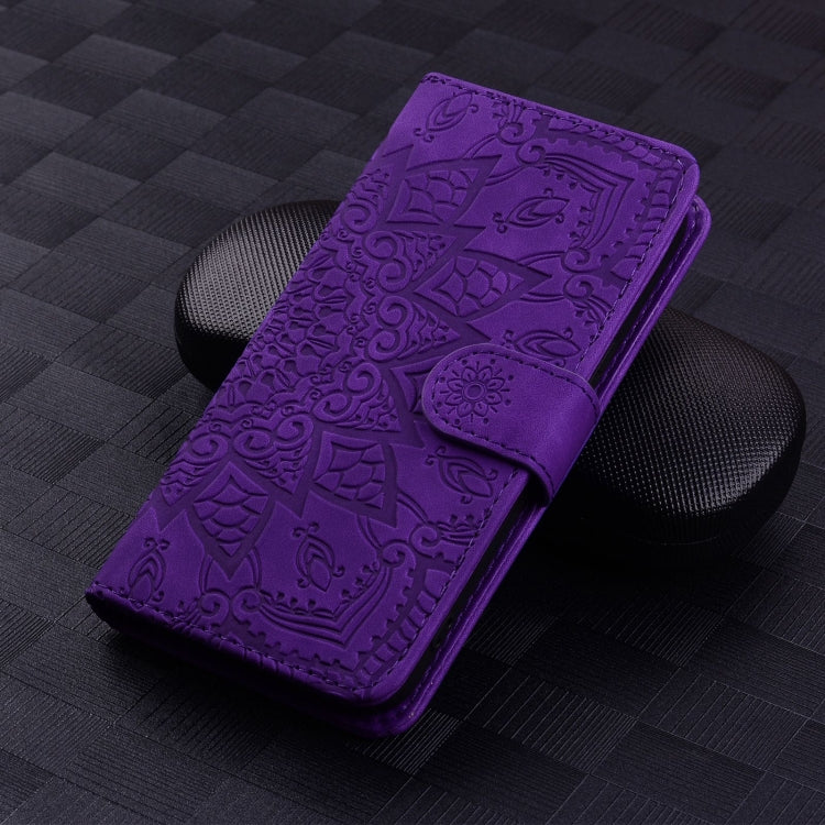 For Google Pixel 9 / 9 Pro Mandala Embossed Dual-Fold Calf Leather Phone Case(Purple) - Google Cases by buy2fix | Online Shopping UK | buy2fix