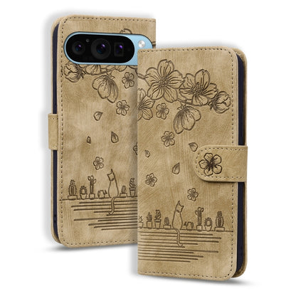 For Google Pixel 9 / 9 Pro Cartoon Sakura Cat Embossed Leather Phone Case(Brown) - Google Cases by buy2fix | Online Shopping UK | buy2fix