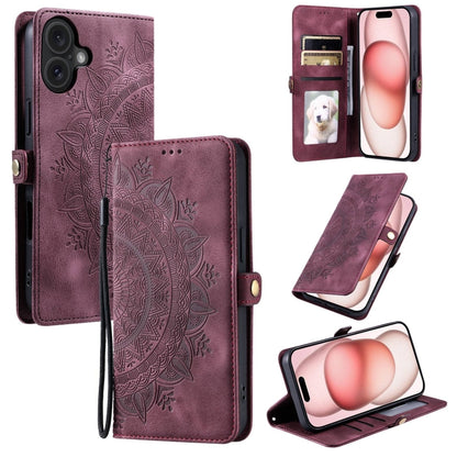 For iPhone 16 Skin Feel Totem Embossed Leather Phone Case(Wine Red) - iPhone 16 Cases by buy2fix | Online Shopping UK | buy2fix