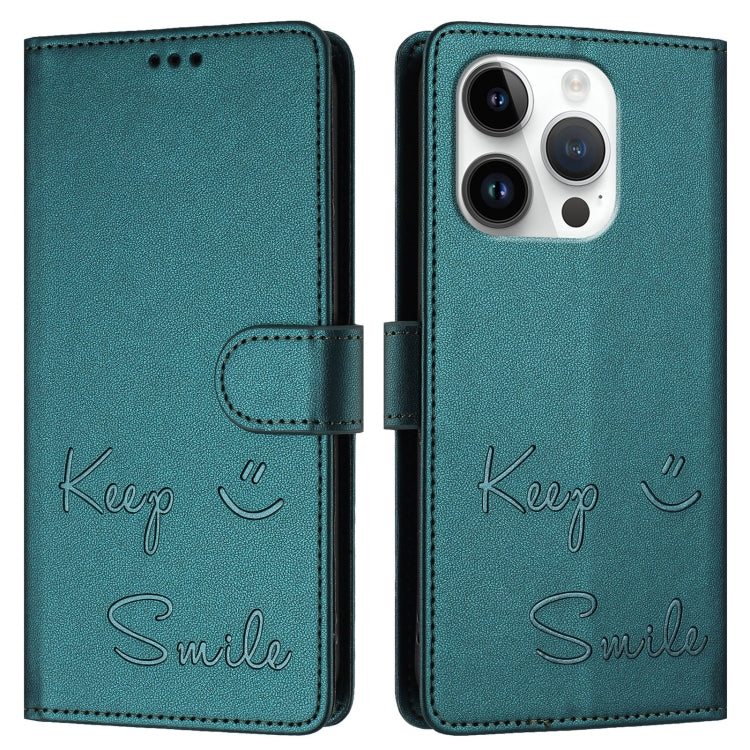 For iPhone 16 Pro Smile Embossing RFID Leather Phone Case(Peacock Green) - iPhone 16 Pro Cases by buy2fix | Online Shopping UK | buy2fix