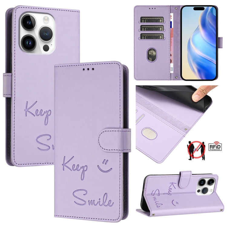 For iPhone 16 Pro Smile Embossing RFID Leather Phone Case(Light Purple) - iPhone 16 Pro Cases by buy2fix | Online Shopping UK | buy2fix