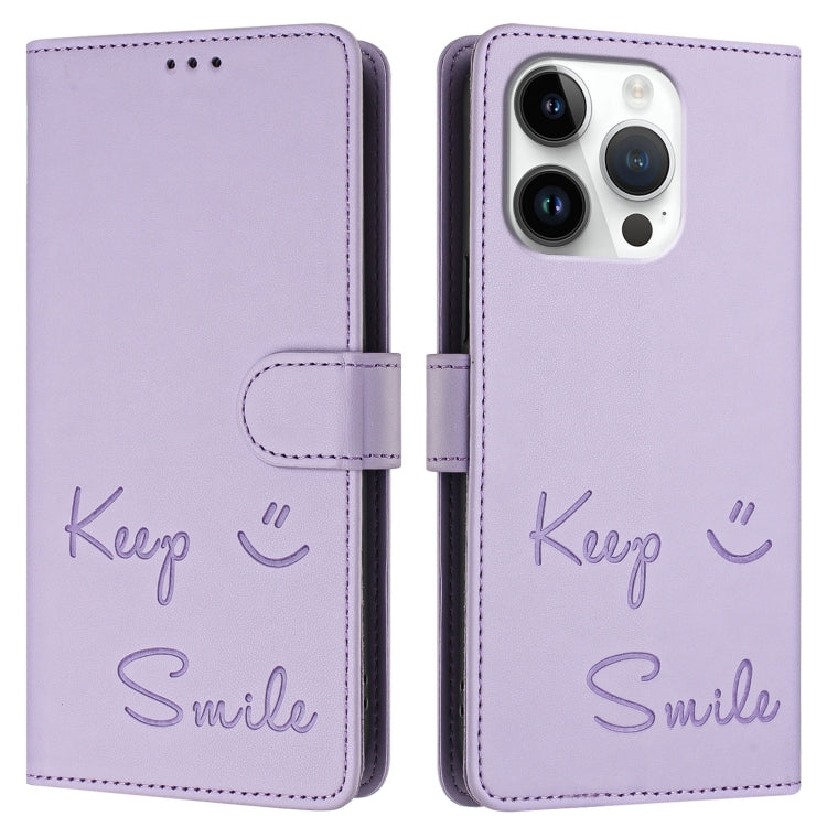 For iPhone 16 Pro Smile Embossing RFID Leather Phone Case(Light Purple) - iPhone 16 Pro Cases by buy2fix | Online Shopping UK | buy2fix