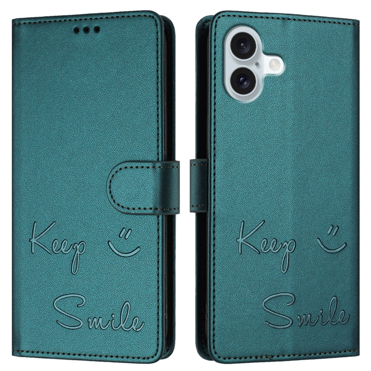 For iPhone 16 Plus Smile Embossing RFID Leather Phone Case(Peacock Green) - iPhone 16 Plus Cases by buy2fix | Online Shopping UK | buy2fix