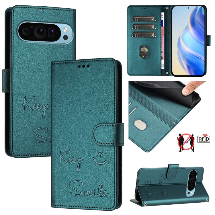 For Google Pixel 9 / Pixel 9 Pro Smile Embossing RFID Leather Phone Case(Peacock Green) - Google Cases by buy2fix | Online Shopping UK | buy2fix