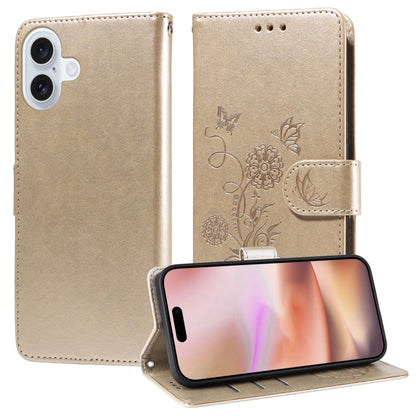 For iPhone 16 Embossed Butterfly Flowers Leather Phone Case(Gold) - iPhone 16 Cases by buy2fix | Online Shopping UK | buy2fix