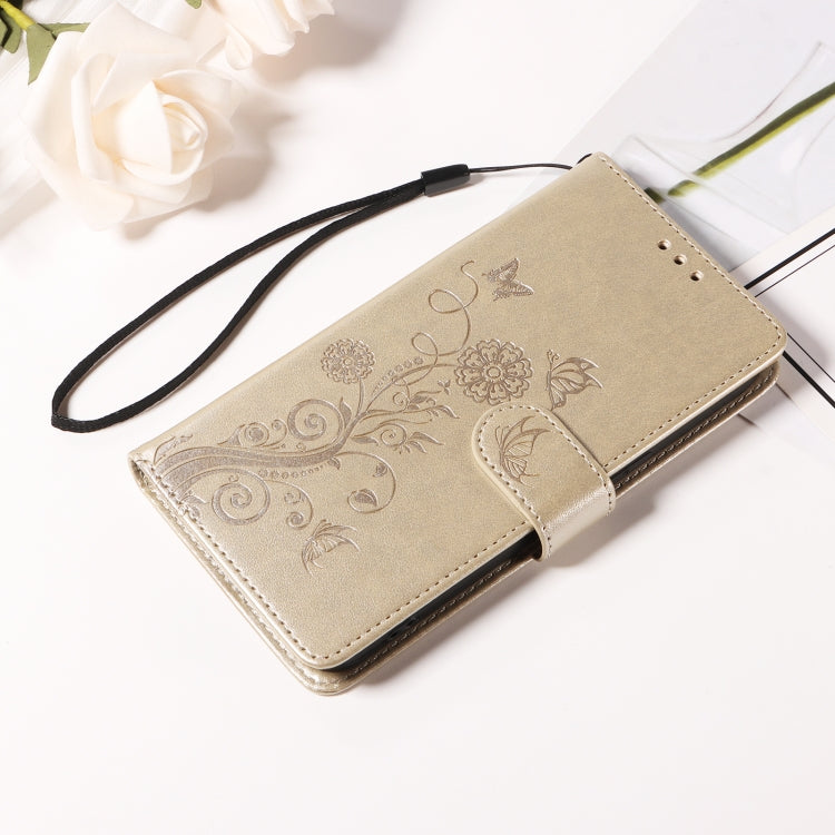 For iPhone 16 Embossed Butterfly Flowers Leather Phone Case(Gold) - iPhone 16 Cases by buy2fix | Online Shopping UK | buy2fix