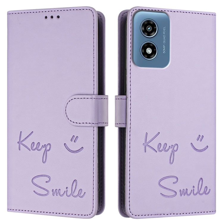 For Motorola Moto G Play 4G 2024 Global Smile Embossing RFID Leather Phone Case(Light Purple) - Motorola Cases by buy2fix | Online Shopping UK | buy2fix