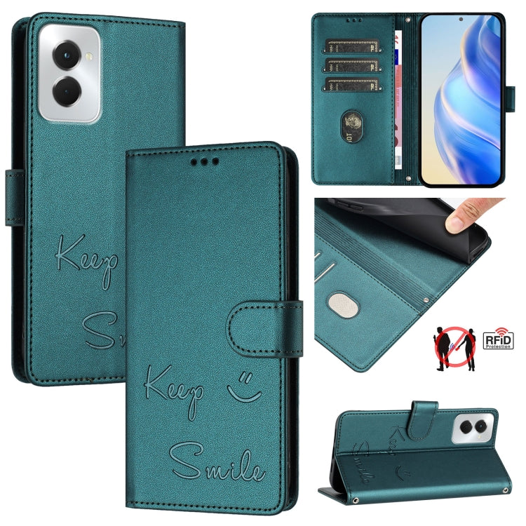 For Motorola Moto G Power 5G 2024 Smile Embossing RFID Leather Phone Case(Peacock Green) - Motorola Cases by buy2fix | Online Shopping UK | buy2fix