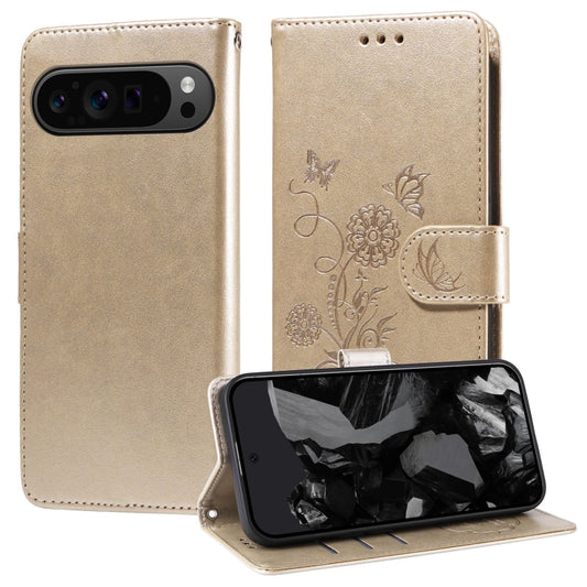 For Google Pixel 9 Pro XL Embossed Butterfly Flowers Leather Phone Case(Gold) - Google Cases by buy2fix | Online Shopping UK | buy2fix