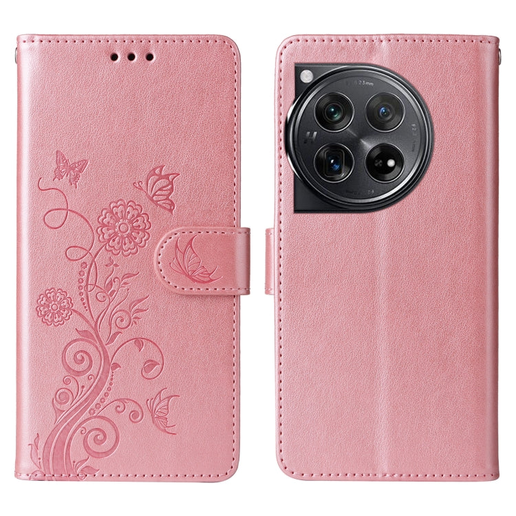 For OnePlus 12 Embossed Butterfly Flowers Leather Phone Case(Rose Gold) - OnePlus Cases by buy2fix | Online Shopping UK | buy2fix