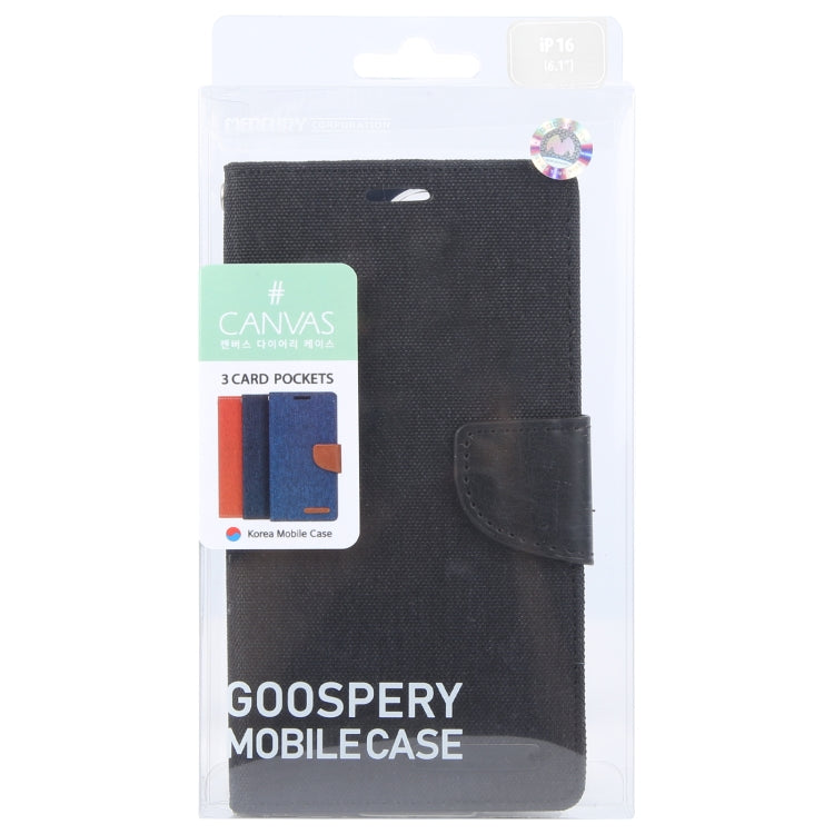 For iPhone 16 Plus GOOSPERY CANVAS DIARY Fabric Texture Flip Leather Phone Case(Black) - iPhone 16 Plus Cases by GOOSPERY | Online Shopping UK | buy2fix