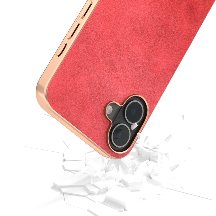 For iPhone 16 Nano Electroplating Dual Color Cowhide Texture Protective Phone Case(Red) - iPhone 16 Cases by buy2fix | Online Shopping UK | buy2fix