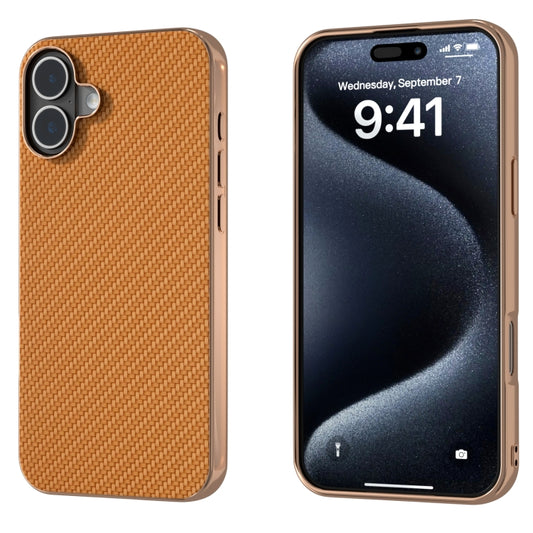 For iPhone 16 Nano Electroplating Carbon Fiber Texture Phone Case(Brown) - iPhone 16 Cases by buy2fix | Online Shopping UK | buy2fix