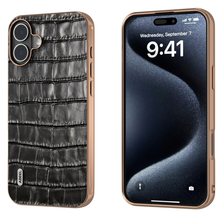 For iPhone 16 ABEEL Electroplating Frame Crocodile Texture Genuine Leather Phone Case(Black) - iPhone 16 Cases by buy2fix | Online Shopping UK | buy2fix