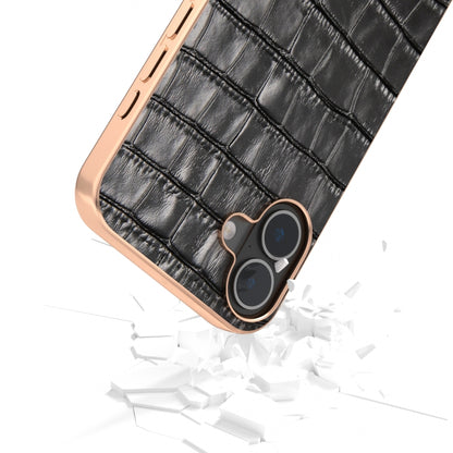 For iPhone 16 ABEEL Electroplating Frame Crocodile Texture Genuine Leather Phone Case(Black) - iPhone 16 Cases by buy2fix | Online Shopping UK | buy2fix