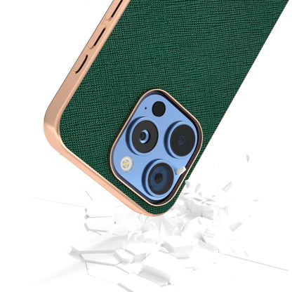 For iPhone 16 Pro ABEEL Electroplating Frame Cross Texture Genuine Leather Phone Case(Green) - iPhone 16 Pro Cases by buy2fix | Online Shopping UK | buy2fix