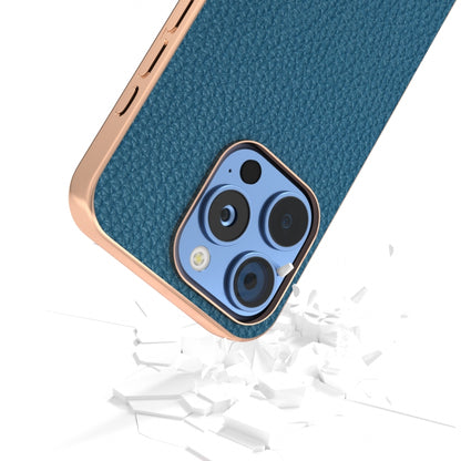 For iPhone 16 Pro ABEEL Electroplating Frame Genuine Leather Litchi Texture Phone Case(Blue) - iPhone 16 Pro Cases by buy2fix | Online Shopping UK | buy2fix