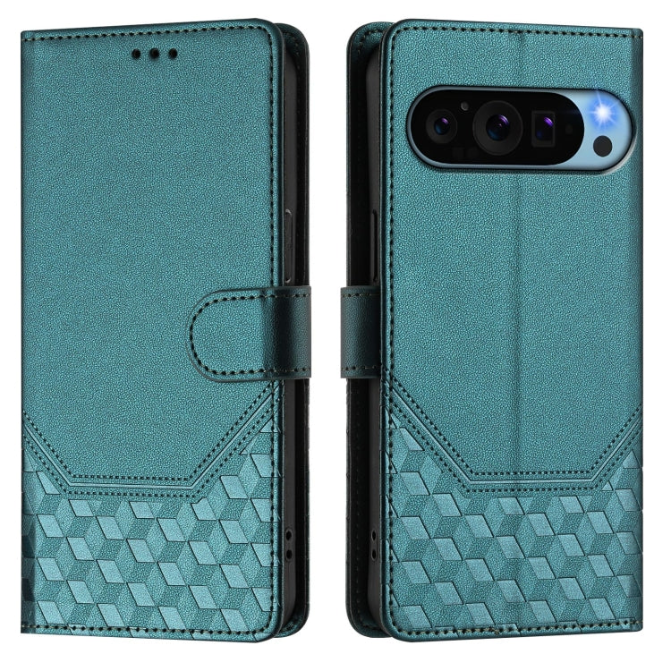 For Google Pixel 9 Pro XL Honeycomb Embossing RFID Leather Phone Case(Peacock Green) - Google Cases by buy2fix | Online Shopping UK | buy2fix