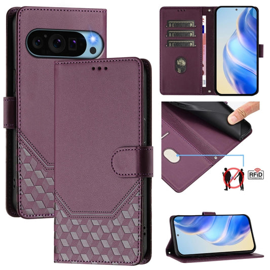 For Google Pixel 9 Pro XL Honeycomb Embossing RFID Leather Phone Case(Violet) - Google Cases by buy2fix | Online Shopping UK | buy2fix