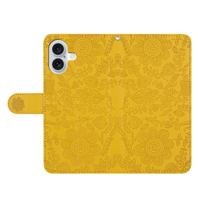 For iPhone 16 Floral Embossed Pattern Leather Phone Case(Yellow) - iPhone 16 Cases by buy2fix | Online Shopping UK | buy2fix