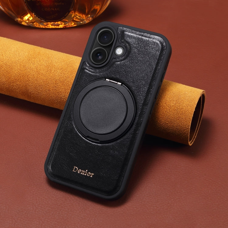 For iPhone 16 Denior A17 Genuine Leather Gear Magnetic Holder Phone Case(Black) - iPhone 16 Cases by Denior | Online Shopping UK | buy2fix