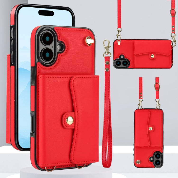 For iPhone 16 Plus RFID Card Slot Phone Case with Long Lanyard(Red) - iPhone 16 Plus Cases by buy2fix | Online Shopping UK | buy2fix