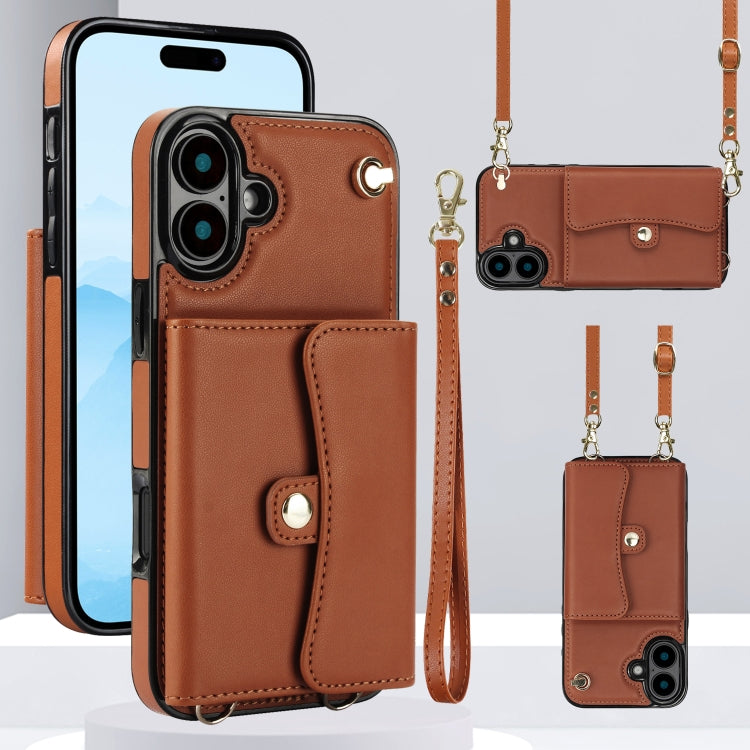 For iPhone 16 Plus RFID Card Slot Phone Case with Long Lanyard(Brown) - iPhone 16 Plus Cases by buy2fix | Online Shopping UK | buy2fix