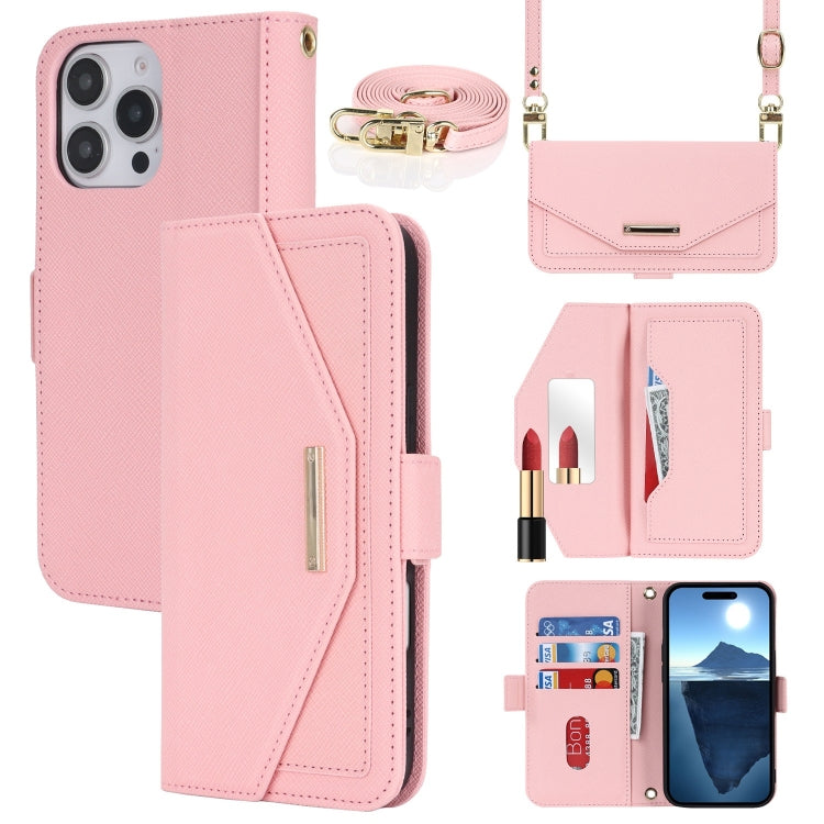 For iPhone 16 Pro Max Cross Texture Crossbody Lanyard Leather Phone Case(Pink) - iPhone 16 Pro Max Cases by buy2fix | Online Shopping UK | buy2fix