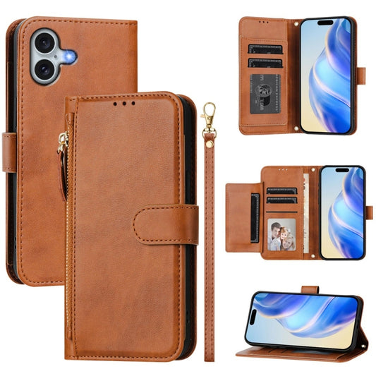 For iPhone 16 Plus Multi-Card Slots Zipper Wallet Leather Phone Case(Brown) - iPhone 16 Plus Cases by buy2fix | Online Shopping UK | buy2fix