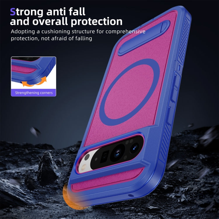 For Google Pixel 9 Guard MagSafe Holder Matte PC Hybrid TPU Phone Case(Blue Rose Red) - Google Cases by buy2fix | Online Shopping UK | buy2fix