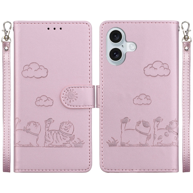 For iPhone 16 Cute Cats RFID Leather Phone Case(Rose Gold) - iPhone 16 Cases by buy2fix | Online Shopping UK | buy2fix