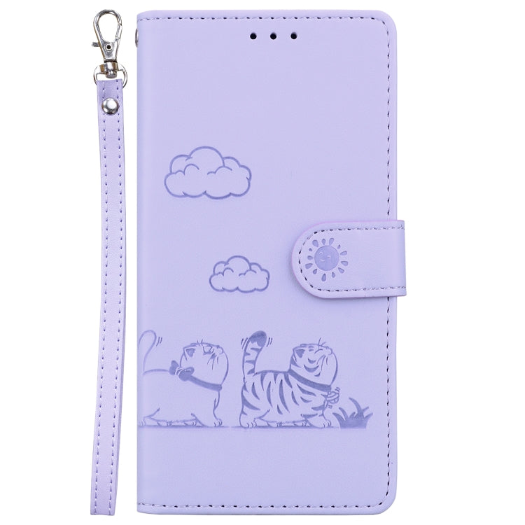 For iPhone 16 Cute Cats RFID Leather Phone Case(Purple) - iPhone 16 Cases by buy2fix | Online Shopping UK | buy2fix